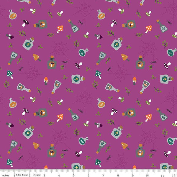 Little Witch Potions C14562 Magenta - Riley Blake Designs - Bottles Leaves Spiders Spiderwebs Mushrooms - Quilting Cotton Fabric