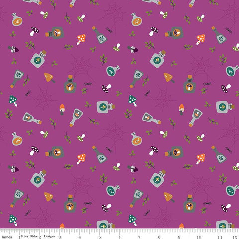 SALE Little Witch Potions C14562 Magenta - Riley Blake Designs - Bottles Leaves Spiders Spiderwebs Mushrooms - Quilting Cotton Fabric