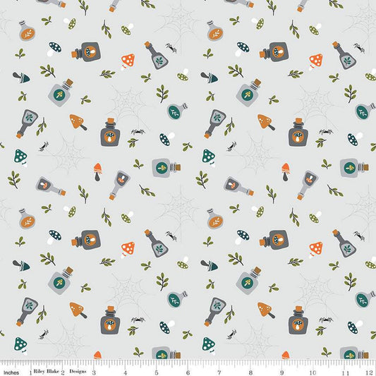 Little Witch Potions C14562 Smoke - Riley Blake Designs - Bottles Leaves Spiders Spiderwebs Mushrooms - Quilting Cotton Fabric
