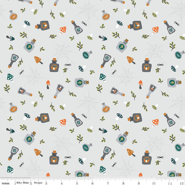 SALE Little Witch Potions C14562 Smoke - Riley Blake Designs - Bottles Leaves Spiders Spiderwebs Mushrooms - Quilting Cotton Fabric