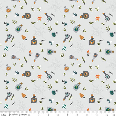 SALE Little Witch Potions C14562 Smoke - Riley Blake Designs - Bottles Leaves Spiders Spiderwebs Mushrooms - Quilting Cotton Fabric