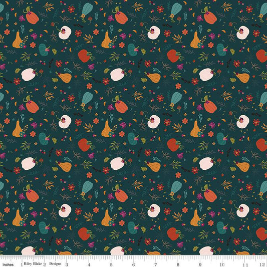 Little Witch Pumpkin Patch C14563 Jade - Riley Blake Designs - Pumpkins Leaves Flowers - Quilting Cotton Fabric