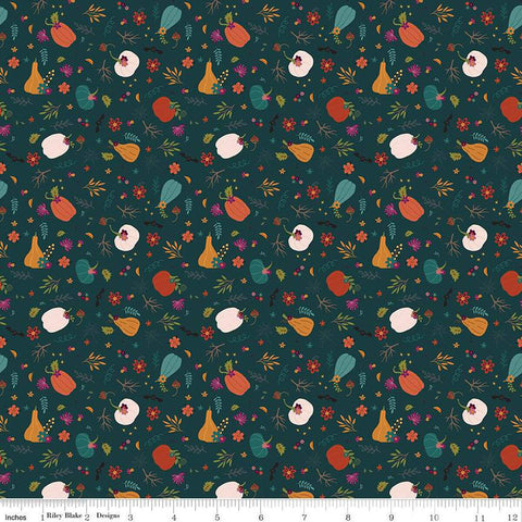 SALE Little Witch Pumpkin Patch C14563 Jade - Riley Blake Designs - Pumpkins Leaves Flowers - Quilting Cotton Fabric