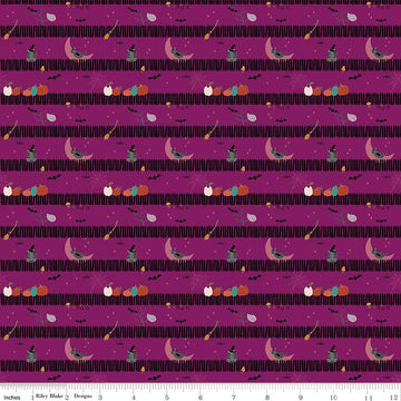 SALE Little Witch Sitting on a Gate Magenta Halloween Fabric C14564 - Riley Blake Quilting Cotton Fabric