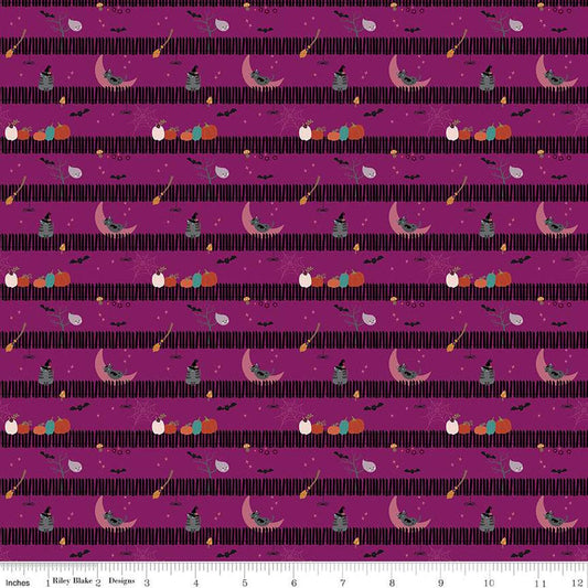 SALE Little Witch Sitting on a Gate Magenta Halloween Fabric C14564 - Riley Blake Quilting Cotton Fabric