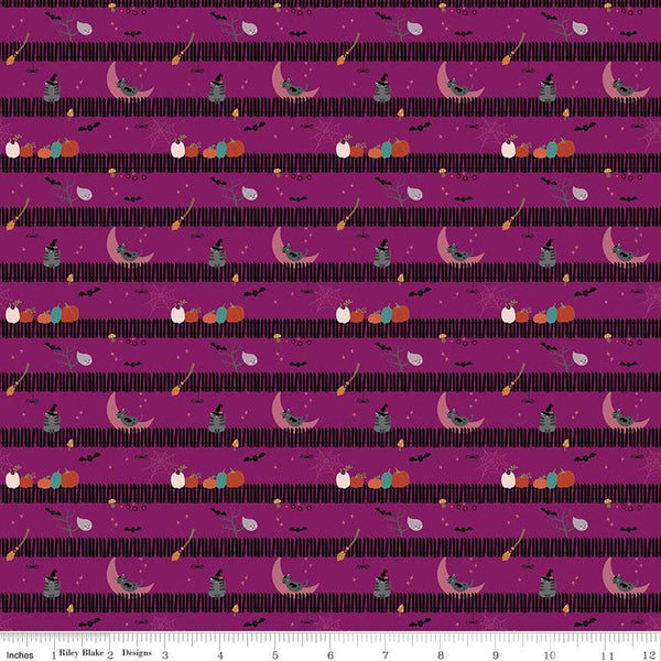 SALE Little Witch Sitting on a Gate C14564 Magenta - Riley Blake Designs - Picket Fence Pumpkins Bats Cats Ghosts  - Quilting Cotton Fabric