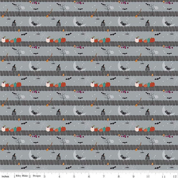 SALE Little Witch Sitting on a Gate Silver Gray Halloween Fabric - C14564 Riley Blake Quilting Cotton Fabric