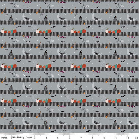 DEAL Little Witch Sitting on a Gate C14564 Silver - Riley Blake Designs - Picket Fence Pumpkins Bats Cats Ghosts  - Quilting Cotton Fabric