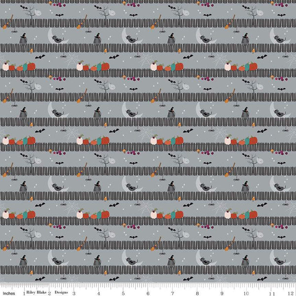 SALE Little Witch Sitting on a Gate C14564 Silver - Riley Blake Designs - Picket Fence Pumpkins Bats Cats Ghosts  - Quilting Cotton Fabric