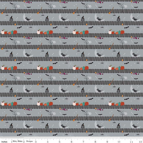 SALE Little Witch Sitting on a Gate C14564 Silver - Riley Blake Designs - Picket Fence Pumpkins Bats Cats Ghosts  - Quilting Cotton Fabric