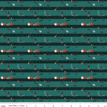 Little Witch Sitting on a Gate Teal Green Halloween Fabric - C14564 Riley Blake Quilting Cotton Fabric