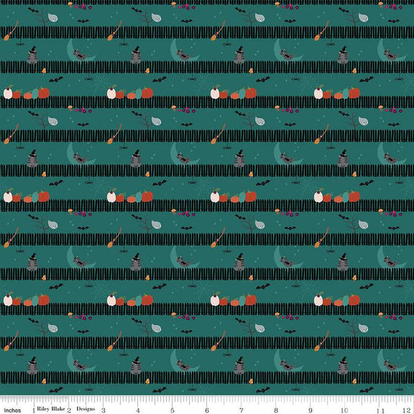 SALE Little Witch Sitting on a Gate C14564 Teal - Riley Blake Designs - Picket Fence Pumpkins Bats Cats Ghosts  - Quilting Cotton Fabric