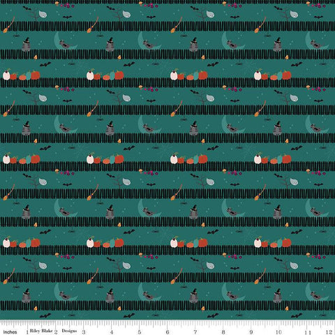 SALE Little Witch Sitting on a Gate C14564 Teal - Riley Blake Designs - Picket Fence Pumpkins Bats Cats Ghosts  - Quilting Cotton Fabric