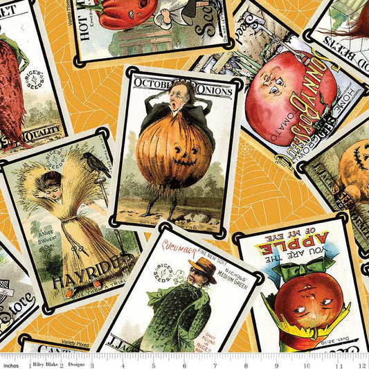 DEAL Pumpkin Patch Seed Packs Toss CD14579 Orange - Riley Blake - DIGITALLY PRINTED Halloween - J. Wecker Frisch - Quilting Cotton