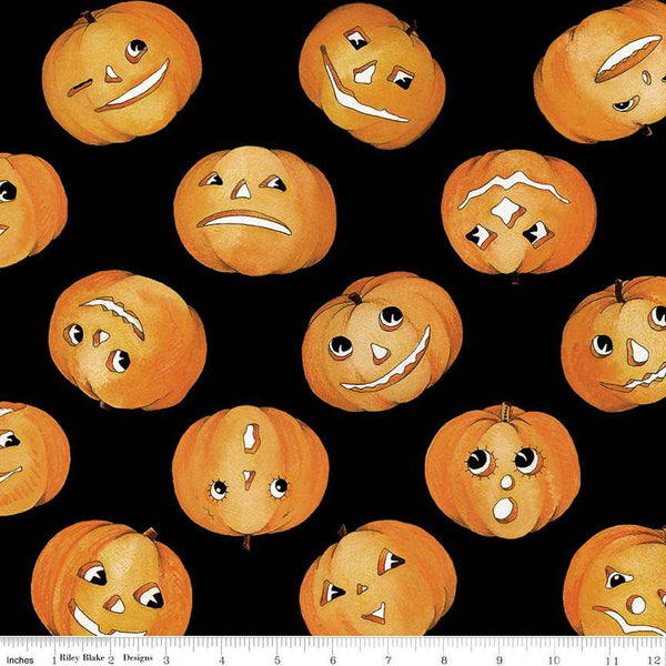 SALE Pumpkin Patch Tossed Jacks C14580 Black - Riley Blake Designs - Halloween Jack-o-Lanterns - J. Wecker Frisch - Quilting Cotton Fabric