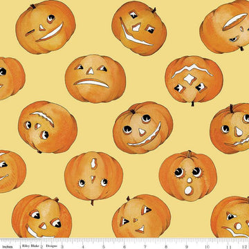 SALE Pumpkin Patch Tossed Jacks C14580 Yellow - Riley Blake Designs - Halloween Jack-o-Lanterns - J. Wecker Frisch - Quilting Cotton Fabric