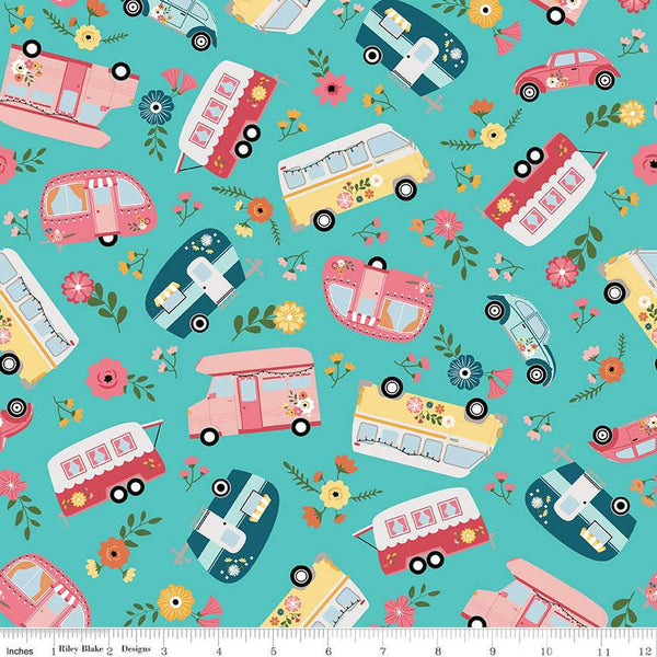 Gone Glamping Main C14790 Cottage by Riley Blake Designs - Camping Trailers Campers Vehicles Flowers - Quilting Cotton Fabric