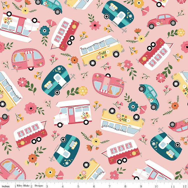 SALE Gone Glamping Main C14790 Pink by Riley Blake Designs - Camping Trailers Campers Vehicles Flowers - Quilting Cotton Fabric