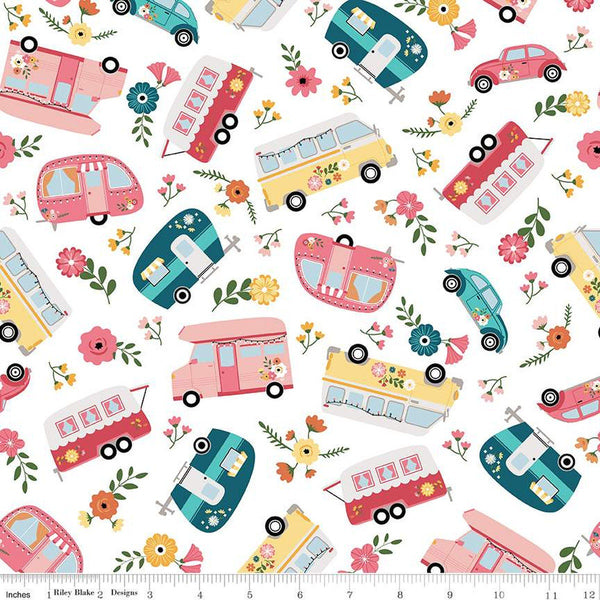 Gone Glamping Main C14790 White by Riley Blake Designs - Camping Trailers Campers Vehicles Flowers - Quilting Cotton Fabric