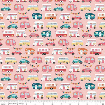 Fat Quarter End of Bolt - DEAL Gone Glamping Campers Pink Camping Fabric - C14792 - Riley Blake Quilting Cotton Fabric