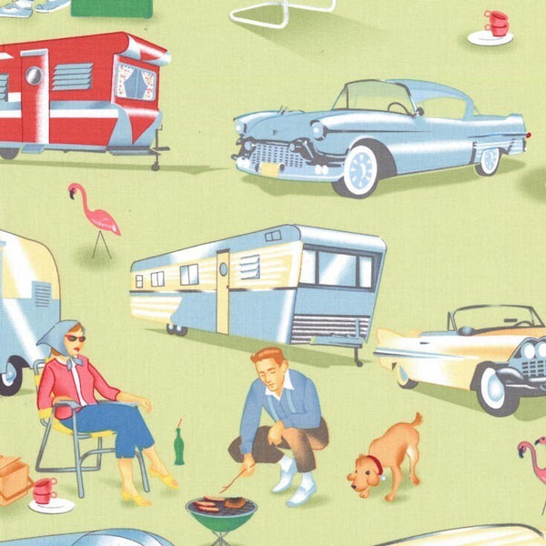 SALE Trailer Travel CX3978 Multi  by Michael Miller - Vacation Vintage Trailers Cars Dogs Pink Storks  - Quilting Cotton Fabric