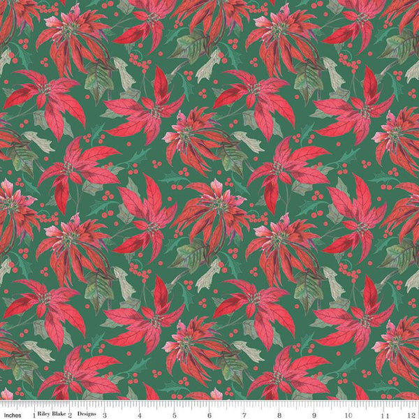 SALE Merry Little Christmas Main C14840 Green by Riley Blake Designs - Floral Flowers Poinsettias - Quilting Cotton Fabric