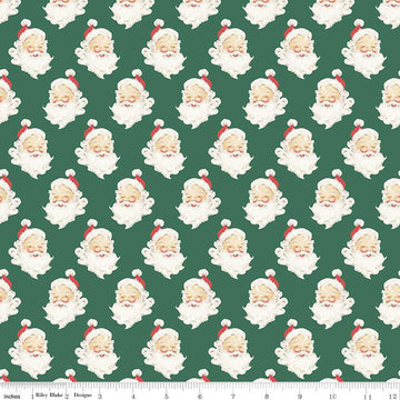 35" End of Bolt - Merry Little Christmas Santa Heads C14842 Green - Riley Blake Designs - Santas Santa Claus - Quilting Cotton Fabric