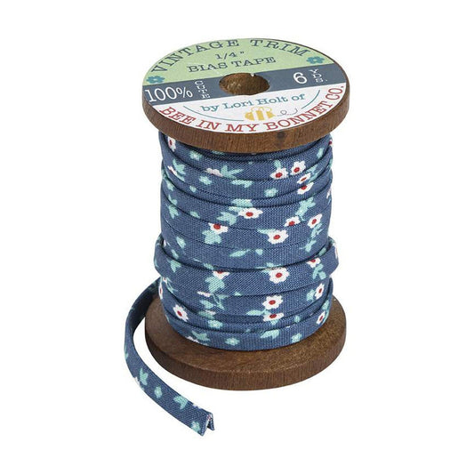 DEAL Lori Holt 1/4" Double Fold Cook Book Bias Tape ST-24567 Denim Blossom - Riley Blake Designs - 6 Yards on Wood Spool