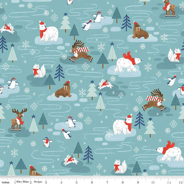 SALE FLANNEL Northern Lights Main F15000 Turquoise - Riley Blake Designs - Winter Polar Bears Penguins Deer Rabbits - FLANNEL Cotton Fabric