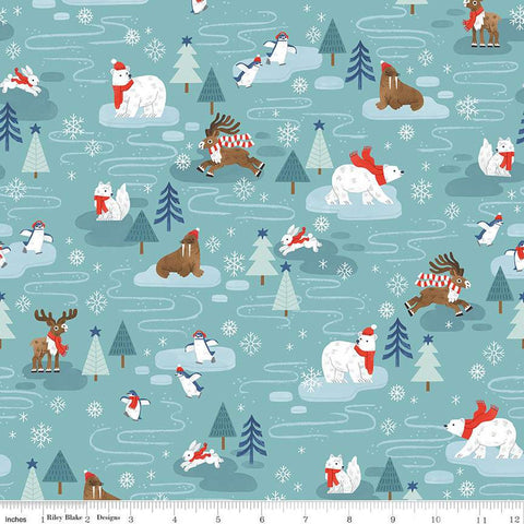 FLANNEL Northern Lights Main F15000 Turquoise - Riley Blake Designs - Winter Polar Bears Penguins Deer Rabbits - FLANNEL Cotton Fabric