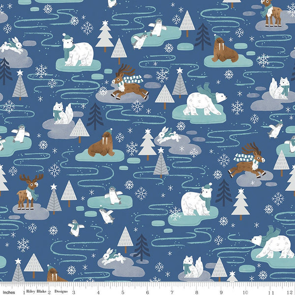 FLANNEL Northern Lights Main F15000 Ocean - Riley Blake Designs - Winter Polar Bears Deer Penguins Rabbits Trees - FLANNEL Cotton Fabric