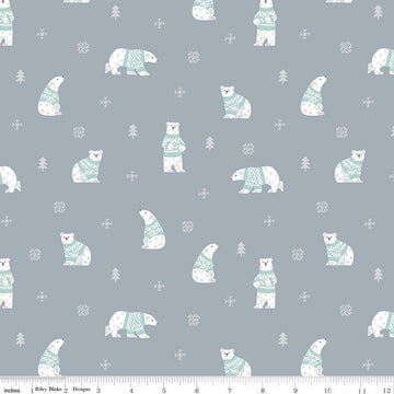 15" End of Bolt - CLEARANCE FLANNEL Northern Lights Polar Bears F15001 Steel - Riley Blake - Winter Polar Bears Snow - FLANNEL Cotton Fabric