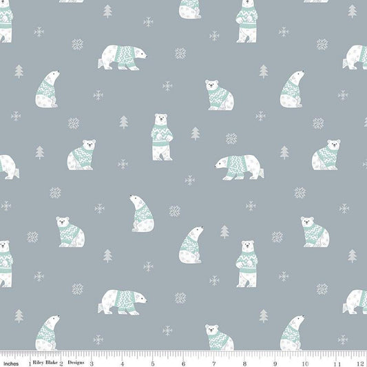 15" End of Bolt - CLEARANCE FLANNEL Northern Lights Polar Bears F15001 Steel - Riley Blake - Winter Polar Bears Snow - FLANNEL Cotton Fabric