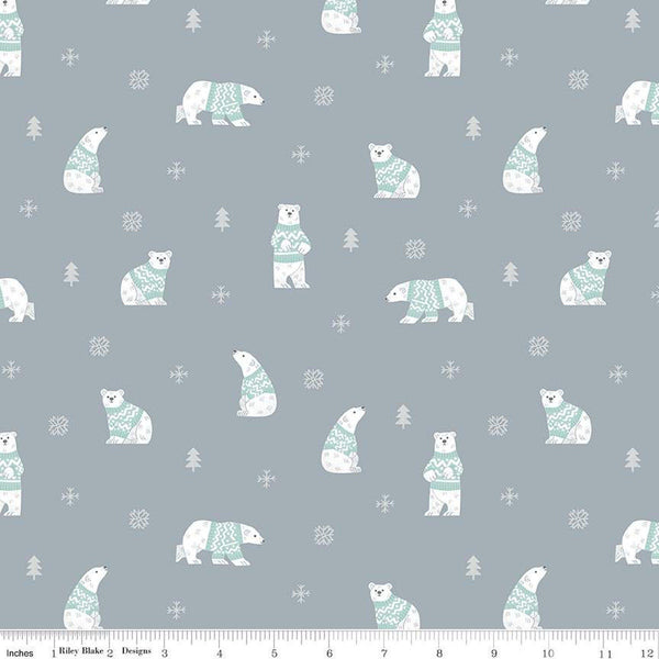 SALE FLANNEL Northern Lights Polar Bears F15001 Steel - Riley Blake Designs - Winter Polar Bears Snowflakes Trees - FLANNEL Cotton Fabric