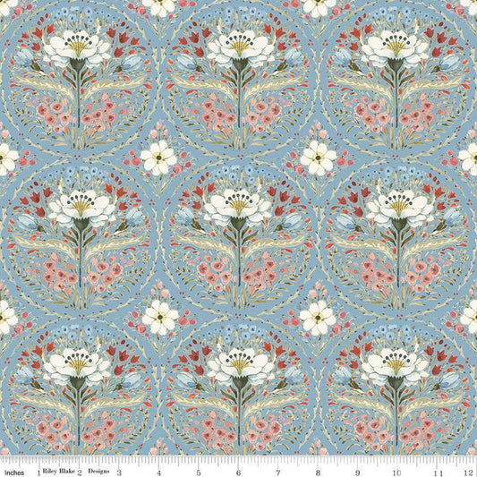 Fat Quarter End of Bolt - SALE Countryside Medallion C14531 Blue by Riley Blake Designs - Floral Flowers - Quilting Cotton Fabric