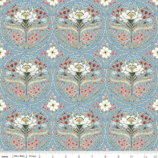 31" End of Bolt - SALE Countryside Medallion C14531 Blue by Riley Blake Designs - Floral Flowers - Quilting Cotton Fabric