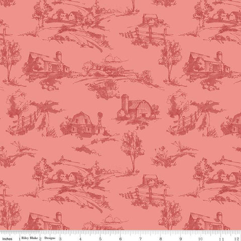 SALE Countryside Scenery C14532 Coral by Riley Blake Designs - Landscape Scenes Trees Barns Tone-on-Tone - Quilting Cotton Fabric