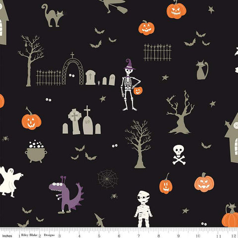 SALE Beggar's Night Main C14500 Black - Riley Blake Designs - Halloween Skeletons Mummies Ghosts Pumpkins Cats Bats - Quilting Cotton Fabric