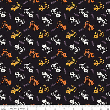 SALE Beggar's Night Cats C14501 Black - Riley Blake Designs - Halloween Cat Fish Skeletons - Quilting Cotton Fabric