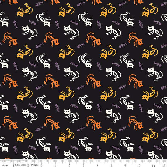 DEAL Beggar's Night Cats C14501 Black - Riley Blake Designs - Halloween Cat Fish Skeletons - Quilting Cotton Fabric