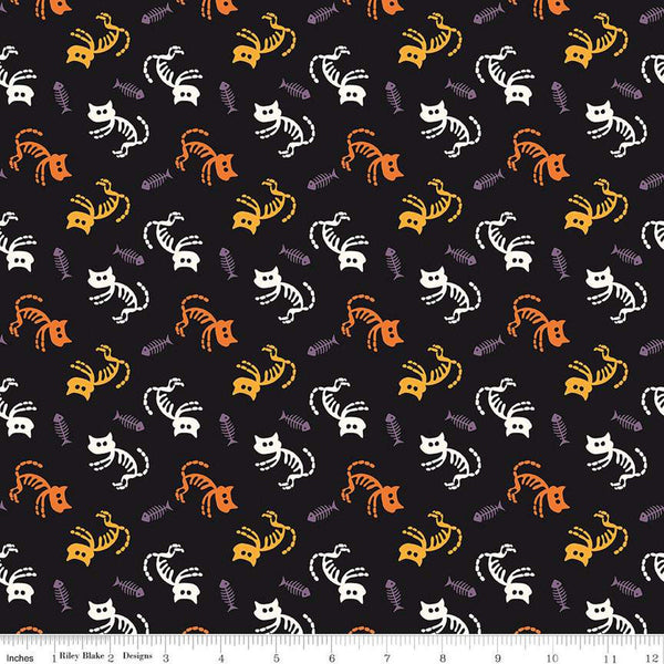 SALE Beggar's Night Cats C14501 Black - Riley Blake Designs - Halloween Cat Fish Skeletons - Quilting Cotton Fabric