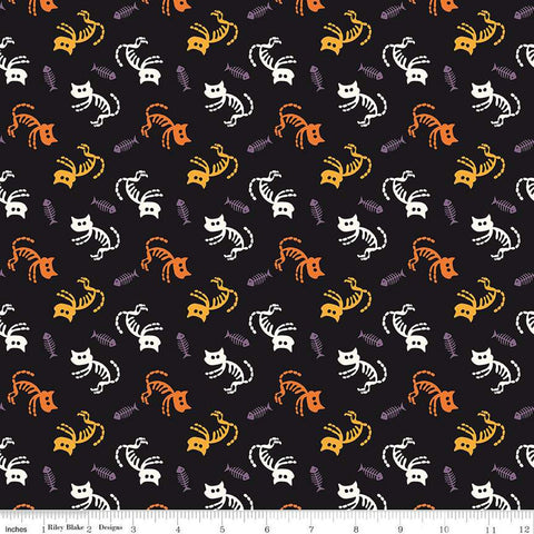 SALE Beggar's Night Cats C14501 Black - Riley Blake Designs - Halloween Cat Fish Skeletons - Quilting Cotton Fabric