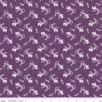 Beggar's Night Cats C14501 Purple - Riley Blake Designs - Halloween Cat Fish Skeletons - Quilting Cotton Fabric