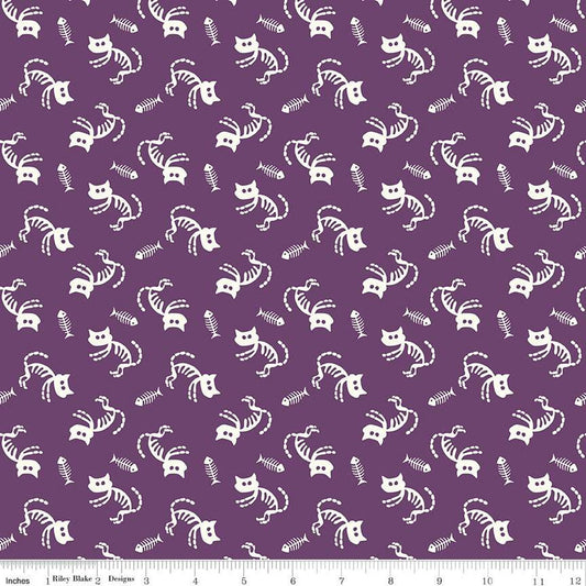 Beggar's Night Cats C14501 Purple - Riley Blake Designs - Halloween Cat Fish Skeletons - Quilting Cotton Fabric