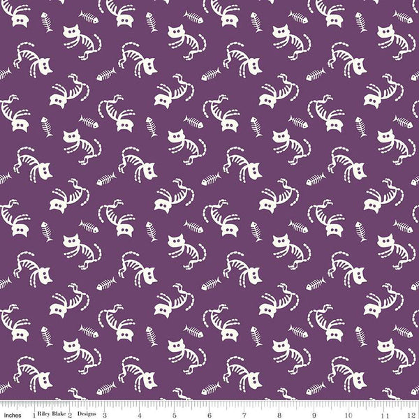 SALE Beggar's Night Cats C14501 Purple - Riley Blake Designs - Halloween Cat Fish Skeletons - Quilting Cotton Fabric