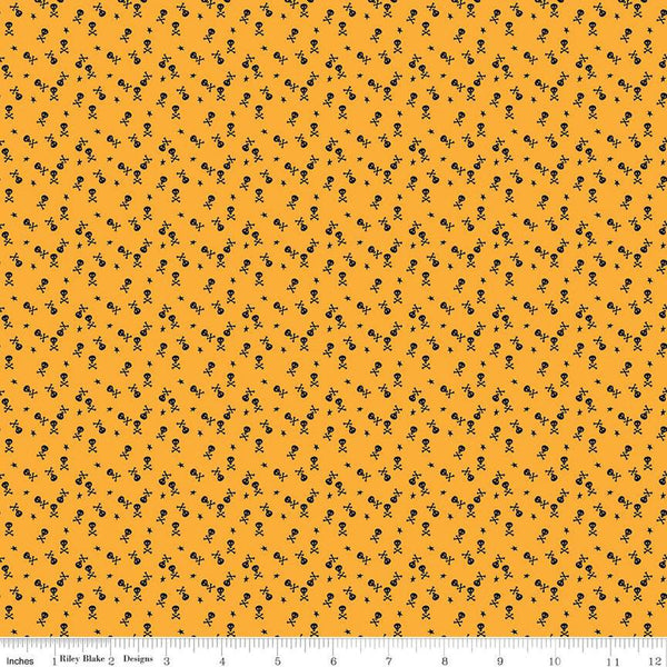 SALE Beggar's Night Skulls C14508 Gold - Riley Blake Designs - Halloween Skulls Crossbones Stars - Quilting Cotton Fabric