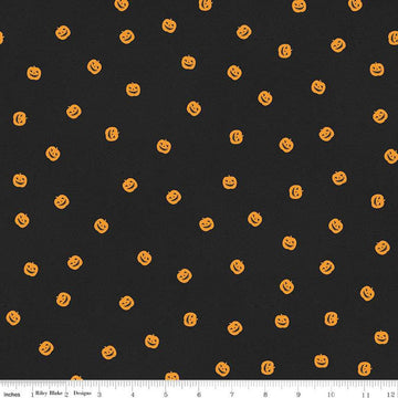 Fat Quarter End of Bolt - Pumpkin Patch Pumpkin Toss C14575 Black - Riley Blake - Halloween Jack-o-Lanterns - Quilting Cotton Fabric