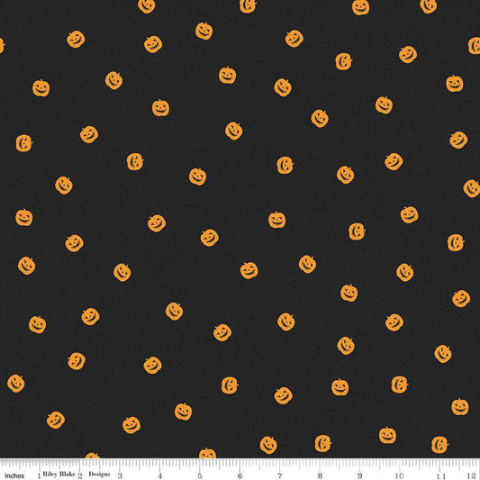 Fat Quarter End of Bolt - Pumpkin Patch Pumpkin Toss C14575 Black - Riley Blake - Halloween Jack-o-Lanterns - Quilting Cotton Fabric