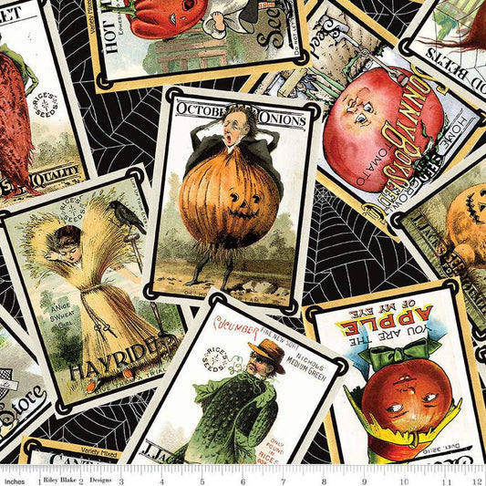 DEAL Pumpkin Patch Seed Packs Toss CD14579 Black - Riley Blake - DIGITALLY PRINTED Halloween - J. Wecker Frisch - Quilting Cotton
