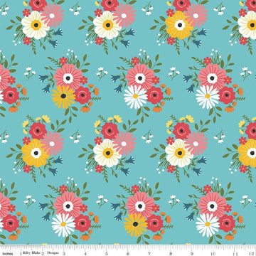 15" End of Bolt - SALE Gone Glamping Bouquets Aqua Blue Floral Fabric C14791 - Riley Blake Quilting Cotton Fabric